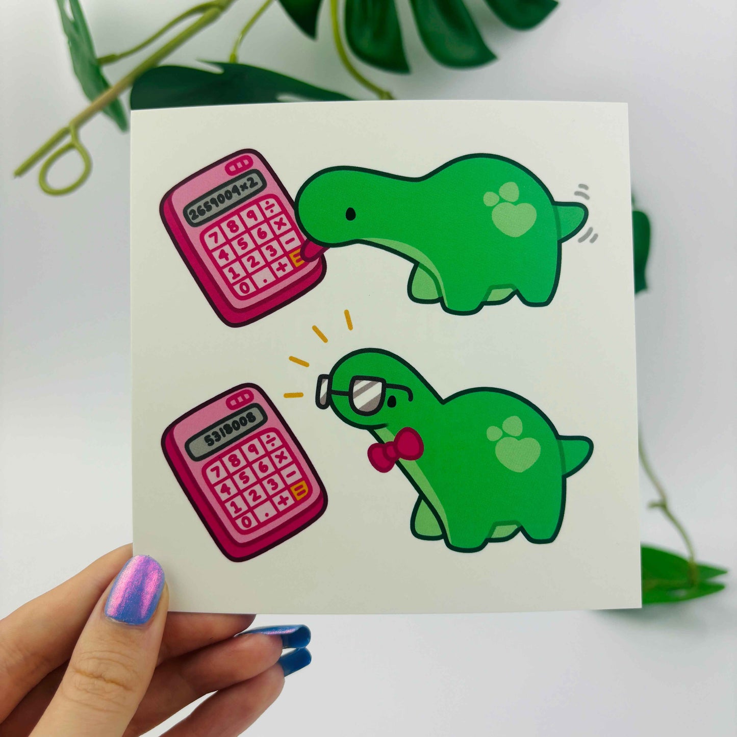 Cute green dinosaur licks a calculator and turns into a nerd with glasses and a bowtie. The calculator reads 5318008
