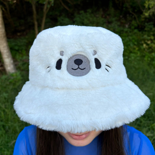 White Fluffy Bucket Hat with cute seal face.