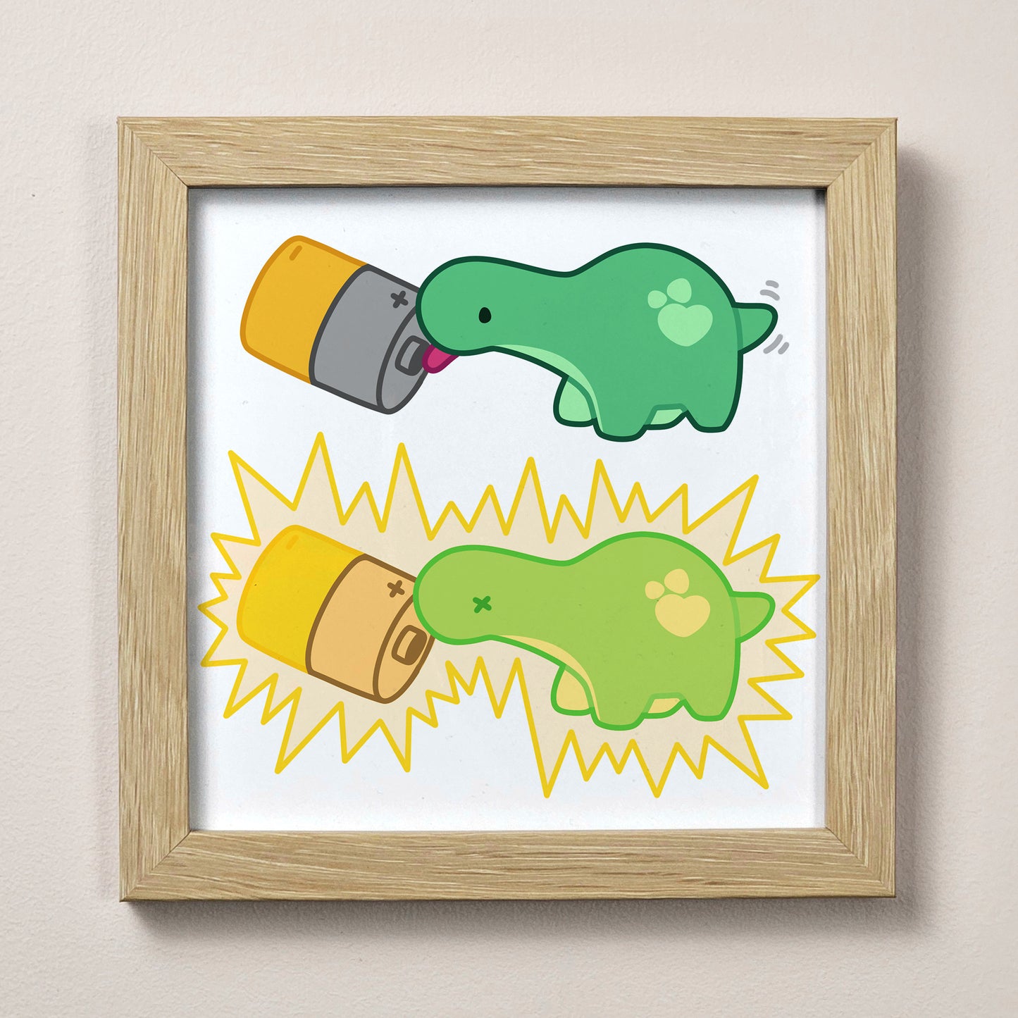 Pistachio Licking a Battery Print – 12 × 12 cm