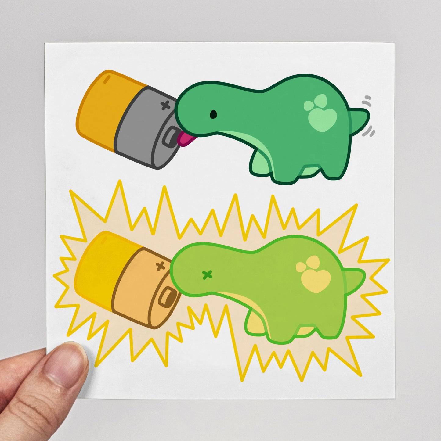 Pistachio Licking a Battery Print – 12 × 12 cm
